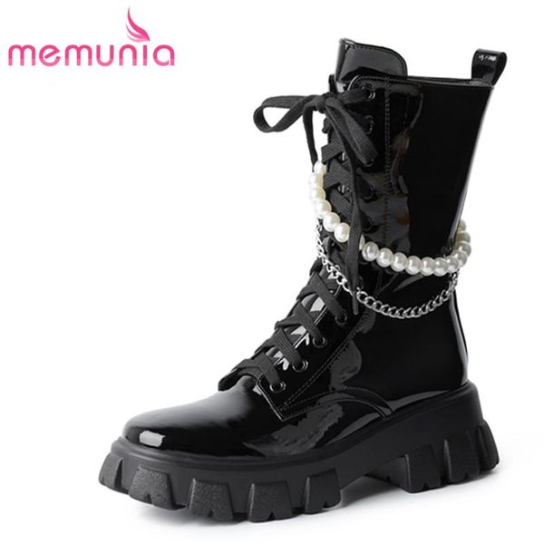 

boots memunia thick sole patent leather women mental decoration zip square heel spring autumn shoes ankle ladies, Black