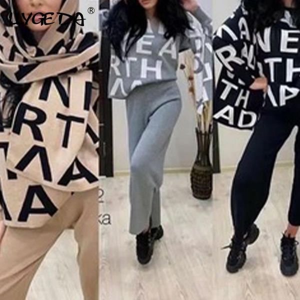 

women's two piece pants oversize knit suit 3 set letter print scarf loose pullover knitted 2021 autumn winter wide leg sets, White