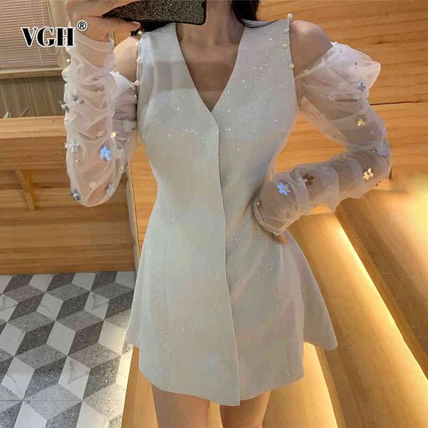 

vgh white patchwork mesh sequins dress for women v neck puff sleeve high waist mini party dresses female spring fashion new 210421, Black;gray