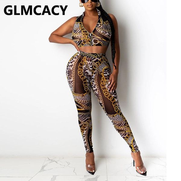 

women's tracksuits women chian printed mesh suits two piece sleeveless crop and skinny pants set, Gray