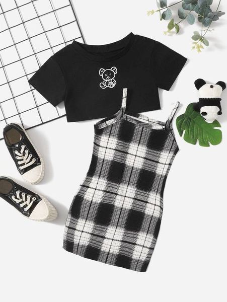

baby bear print tee & plaid cami dress she, White