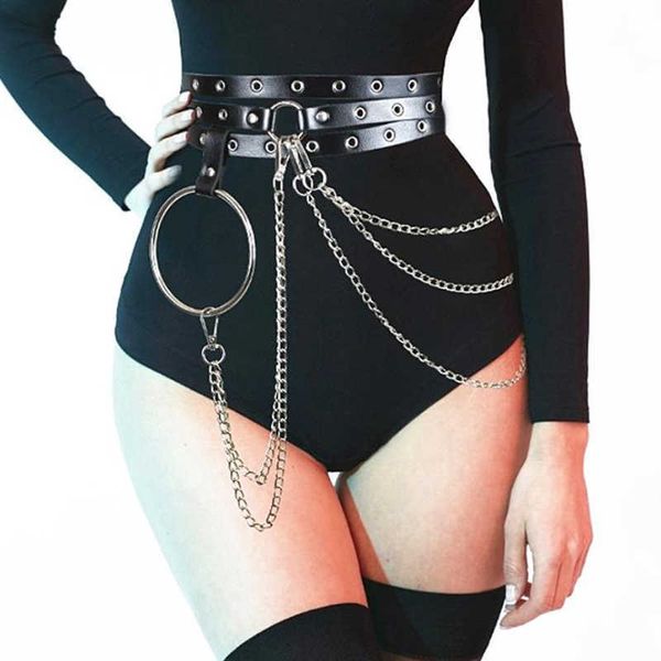 

female leather skirt belts punk gothic rock harness waist metal chain body bondage hollow belt accessories for lady p0817, Black;brown
