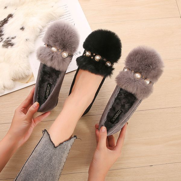 

dress shoes large size fur flats women real rabbit creepers string beading moccasins plush pearl loafers winter ladies m3uo, Black