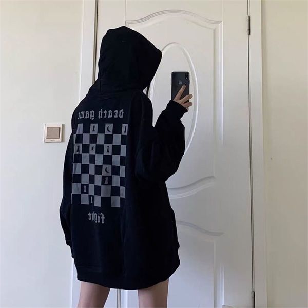

women's 2021 autumn winter bf style chessboard hooded sweater men and women lovers hip hop loose plush sweater, Black