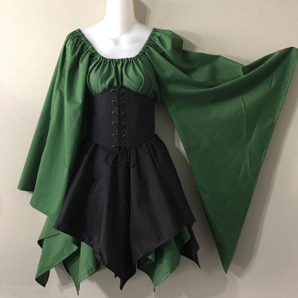 

vintage medieval costume in the renaissance irregular long sleeves dress plus size literature women round neck mini casual dresses, Black;gray