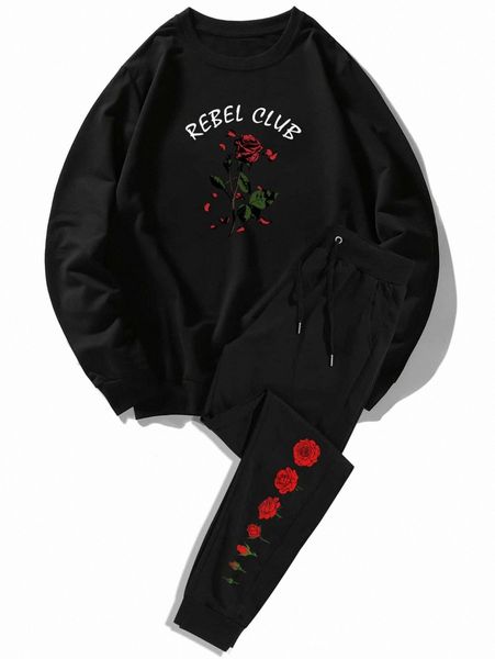 

romwe guys letter floral graphic sweatshirt & drawstring sweatpants m6es#, Gray