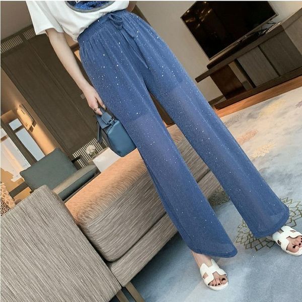 

women's pants & capris 2021 shiny ice silk leggings summer thin high waist loose and slimming straight ankle-length drooping wide-leg, Black;white