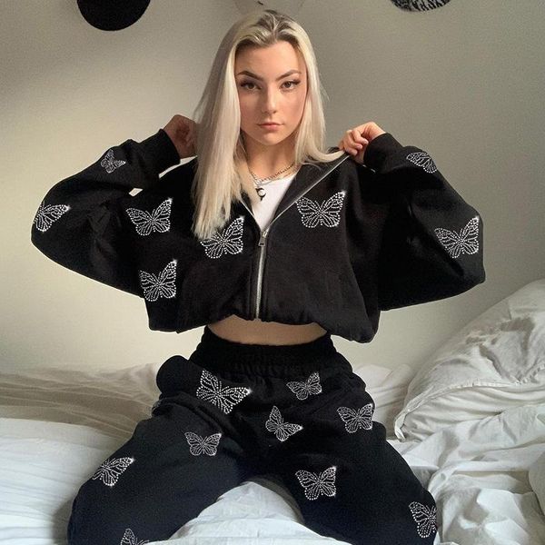 

women's two piece pants 90s streetwear butterfly print rhinestone 2 woman tracksuits cyber y2k oversized zip up hoodies sweatpants co-o, White