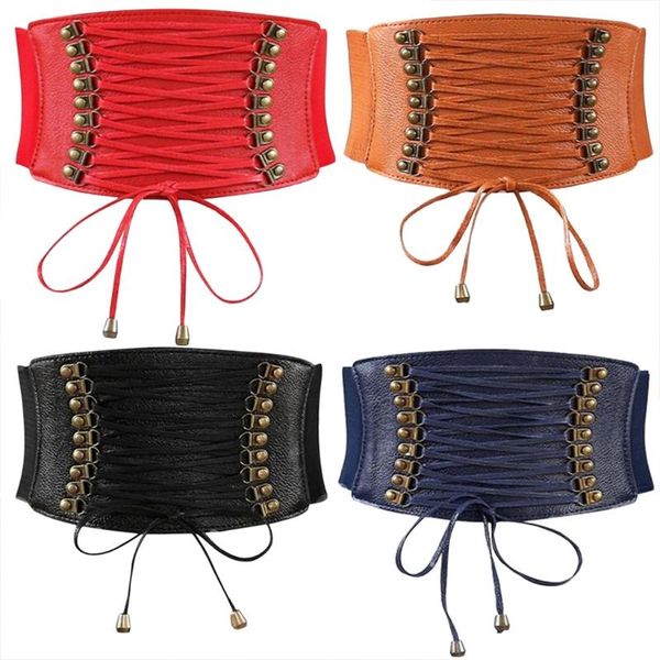 

belts k3nf women elastic wide band tied waspie girl corset waist punk cincher belt pu leather, Black;brown