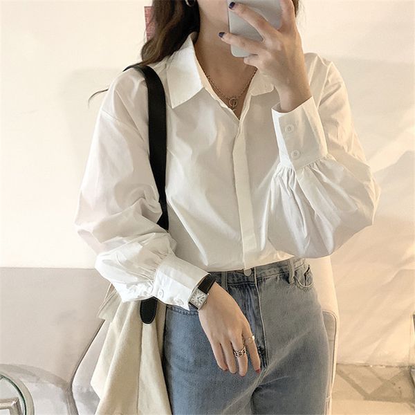 

spring white solid all match women brief shirts basic versatile office lady large size lantern sleeve blouses 210421