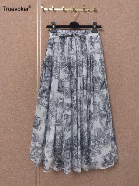 

truevoker summer runway fashion cotton skirt women vintage print mori mid calf length lady cottagecor long skirts, Black