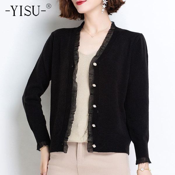 

women's knits & tees yisu 2021 spring women cardigan v-neck buttons wool lace edge fashion female long sleeve casual knitted, White