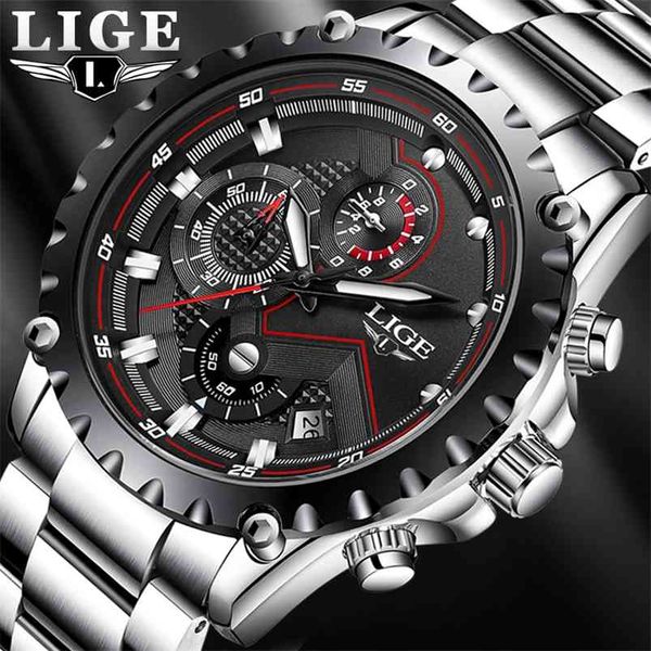 

lige fashion mens watches luxury brand silver stainless steel 30m waterproof quartz watch men army military chronograph 210914, Slivery;brown