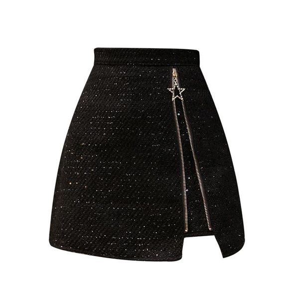 

women autumn and winter temperament high waist a-line skirt anti-glare bag hip sequin female skirts, Black