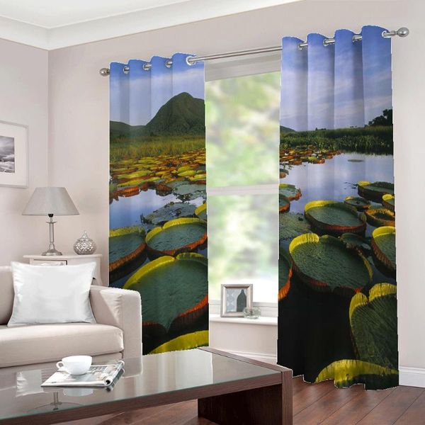 

custom 3d po curtain lotus leaf flower green mountain landscape for dining room living half-blackout drapes sets