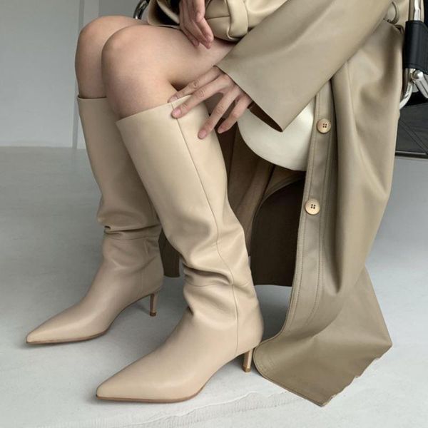 

boots size 33-43 women genuine leather knee high pointed toe thin heel slip on party club winter ladies footwear, Black