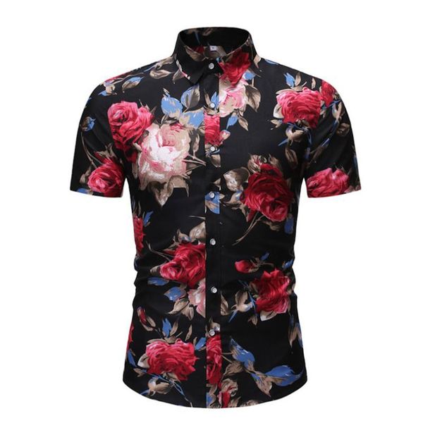 

men's casual shirts men shirt rose flower printed short sleeve summer bermuda beach vintage loose streetwear, White;black