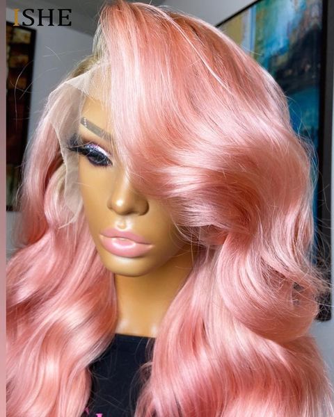 

lace wigs pink front wig body wave for women 613 colored blonde human hair pre plucked bleached knots ishe, Black;brown