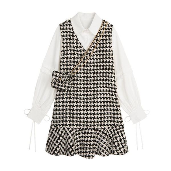 

black white sleeveless with shirt women dress turn down collar 2 pieces set elegant winter houndtooth bag t0454