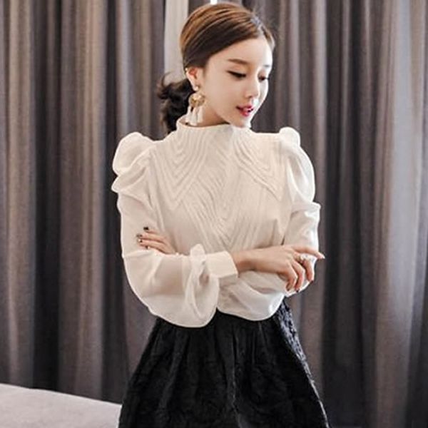 

sweater runway autumn women blouse stand collar elegant puff sleeve chiffon office lady shirt blusas female shirts f2ar, White;black