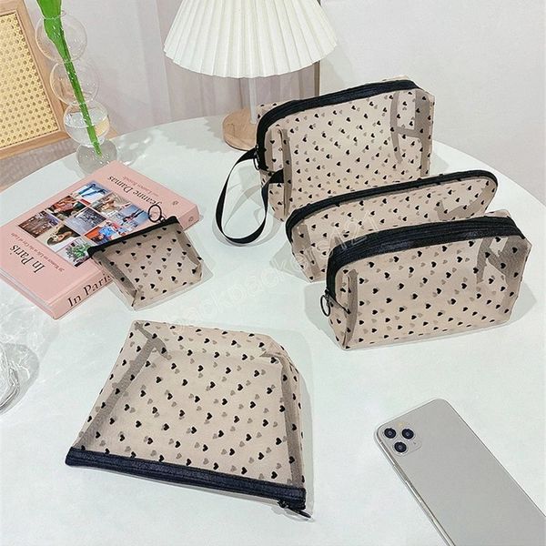 

mesh cosmetic makeup bags case holder cute transparent zipper black heart printed pencil pen case pouch convenient to carry