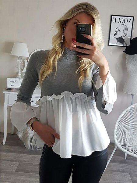 

women's blouses & shirts fashion womens and elegant frill ruffle jumper turtleneck pullover kniited loose shirt ladies streetwear, White