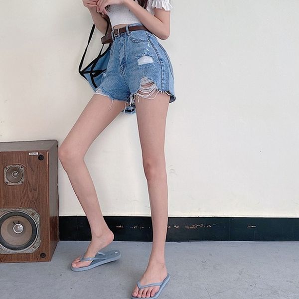 

short in the spring of 2021, korean fashion, women's irregular ee tear jeans, wide leg tight shorts, White;black