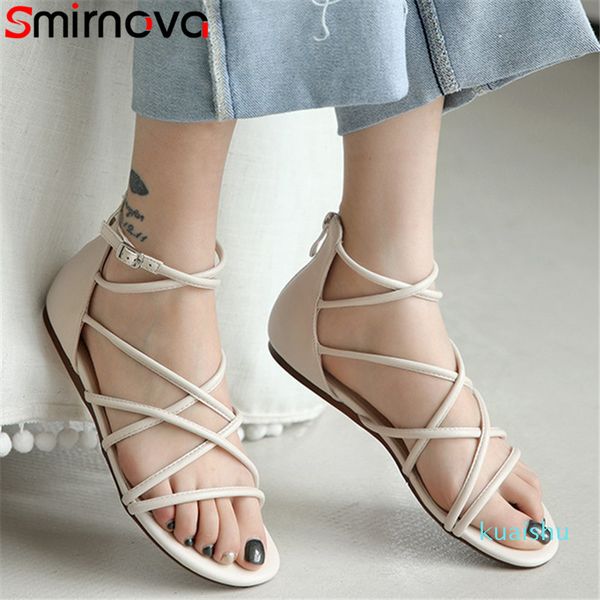 

smirnova 2020 flat shoes women sandals genuine leather buckle zip snake summer casual shoes ladies, Black