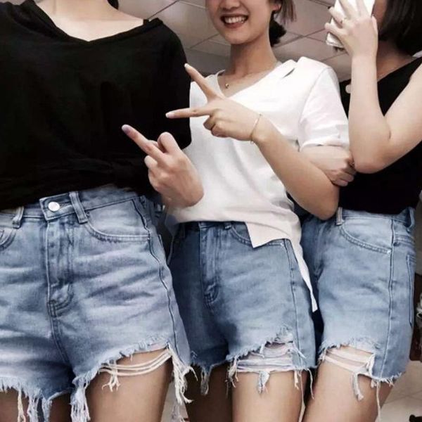 

women cut off jeans shorts denim mid waist beach summer fashion bottom pants hole short feminino women's, Blue