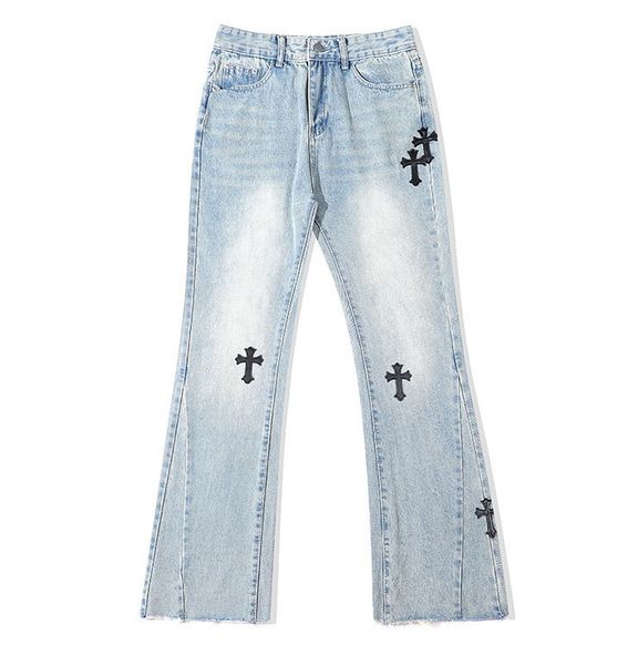 

crosin high street vibe style cross cloth embroidery micro trumpet pants light color raw jeans men's hip hop, Black
