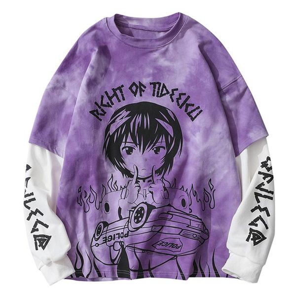 

men's hoodies & sweatshirts 2021 streetwear anime printed harajuku hoodie sweatshirt fake two tie dye hip hop men winter pullover cotto, Black