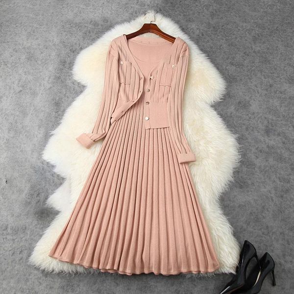 

women's tracksuits seifrmann women autumn fashion designerÂ 2 piecesÂ set pockets knitting + sleeveless pleated a-line dresse twoÂ pieces, Gray