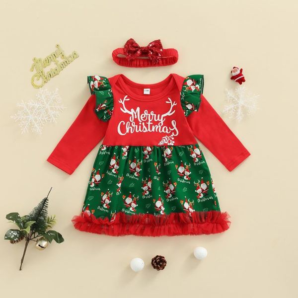 

girl's dresses kid girl christmas dress sequined headband suit high waist long sleeve ruffle lace midi baby clothing, Red;yellow