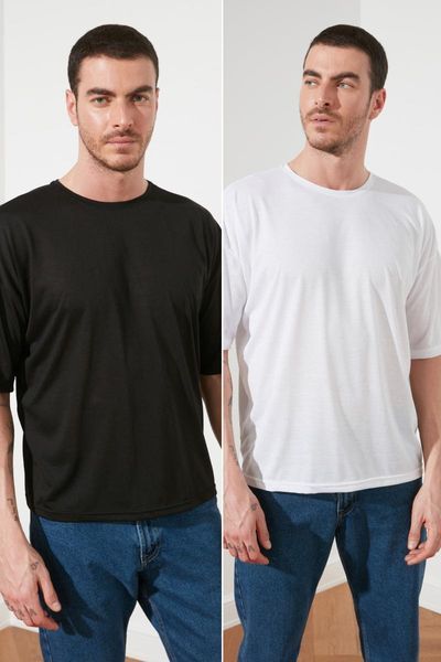 

men's t-shirts trendyol male basic 2'li package-oversize bike collar short sleeve t-shirt tmnss21ts1091, White;black