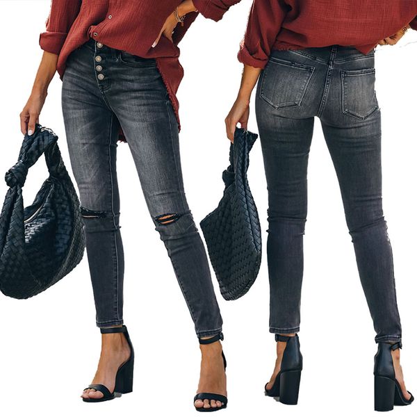 

jeans spring retro-torn summer hole high waist jeans button stretcher pencil pants, Blue