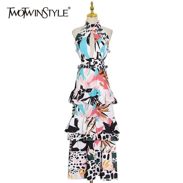 

print sashes slim dress for women stand collar sleeveless high waist hollow out midi dresses female summer 210520, Black;gray