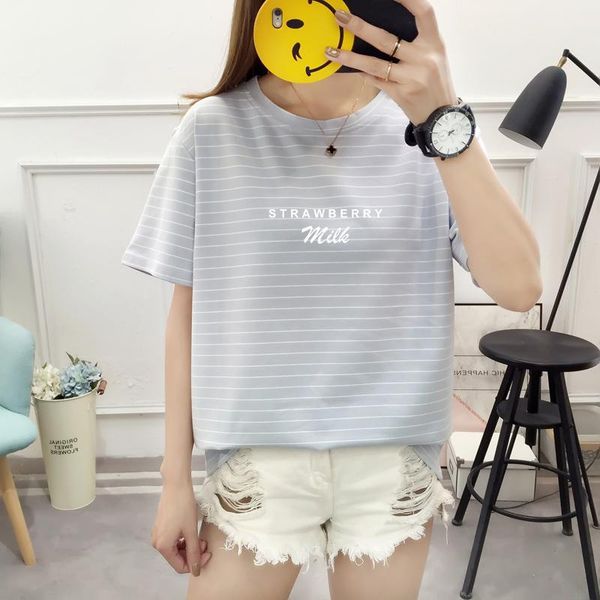 

women's t-shirt 2021 summer korean english letter print women casual round neck stripe short sleeve tees harajuku streetwear female, White