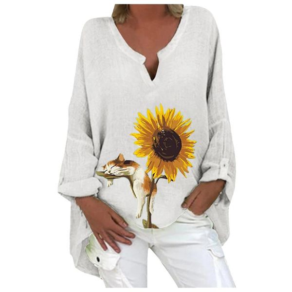

women's t-shirt # women 2021 summer plus size casual long sleeve t shirt floral print loose v-neck ladies femme t-shirts, White