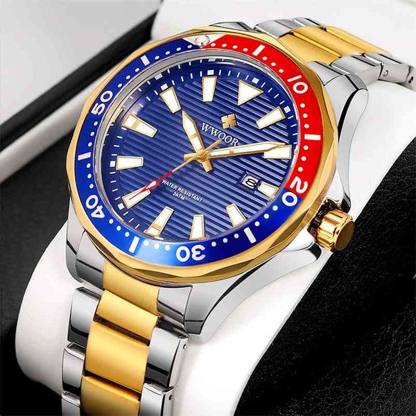 Wwoor Luxury Military Gold Watch Mens Sports Diver Quartzo 30atm Impermeável Data Luminosa Relógios Relogio Masculino 210804