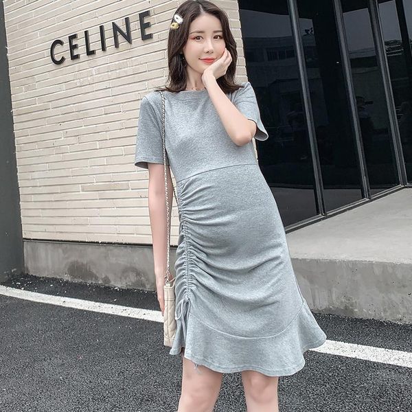 

maternity dresses 2021 summer dress slim-fit side drawstring cotton short-sleeved clothes for pregnant women tees gray black, White