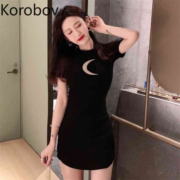 

korobov korean moon print harajuku ulzzang dress vintage o neck short sleeve streetwear dresses summer vestidos mujer 210430, Black;gray