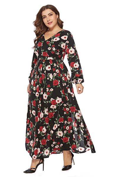 

bofute plus size women's v-neck long sleeve printed dress sq0111, Black