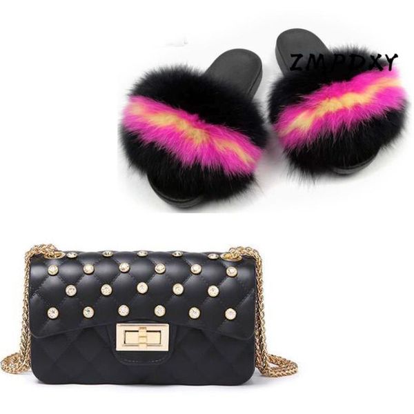 

slippers ladies chain candy crossbody purse women's real fur female fluffy furry slides woman jelly shoulder bag shoes sets, Black