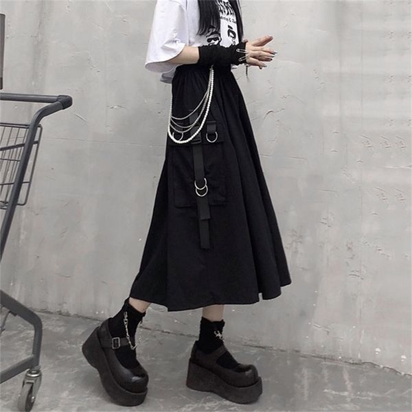 

gothic high waist cargo skirts woman harajuku loose a-line pocket midi long black skirt hip hop fashion streetwear oversize 210619