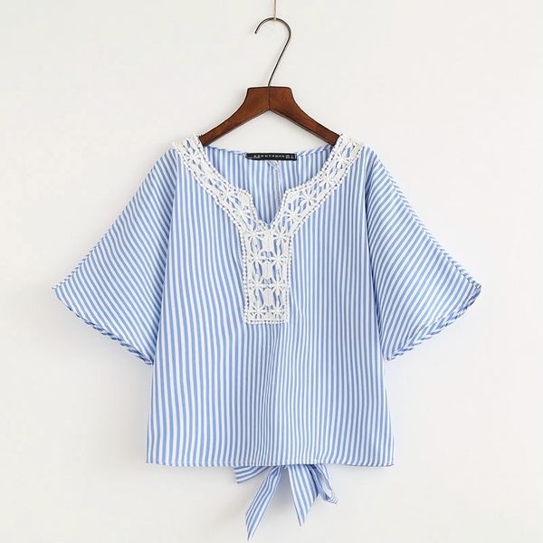 

casual summer flare sleeve cotton blouse v neck lace stitch striped shirt preppy style pullover xz2411 210603, White