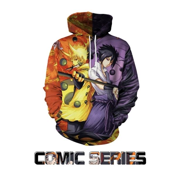

tide brand naruto animation surrounding 3d printed couple hooded sweater, Black