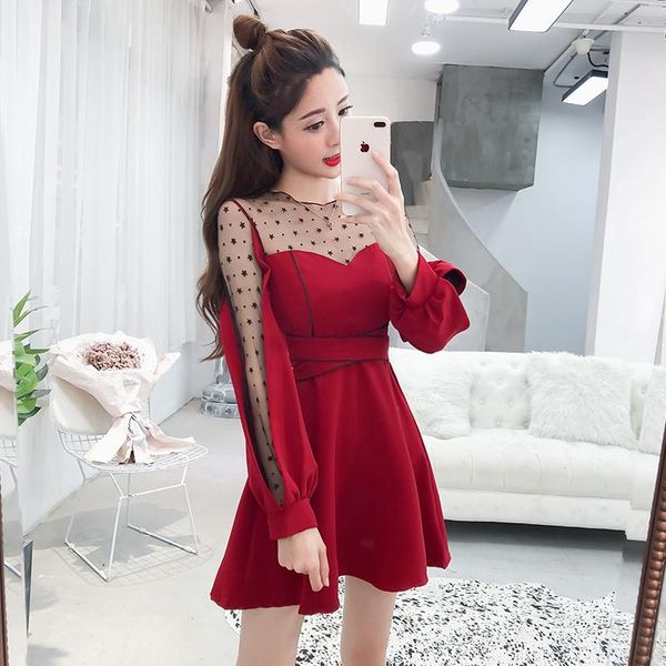 

casual dresses fashion brands women's clothing autumn sweet japan style mesh party polka dot perspective dress vestidos femininos, Black;gray