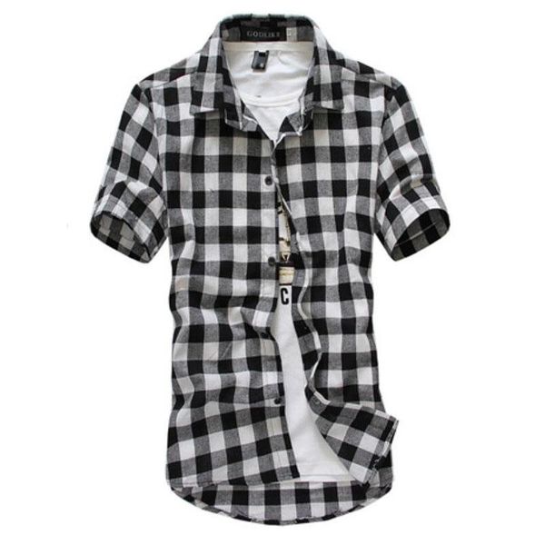 

fashion plaid shirt casual men short sleeve high collar chemise homme vintage clothing men's dress shirts, White;black