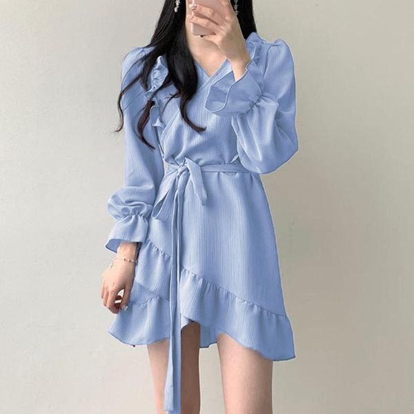 

women casual plain stripes dress ladies flared long sleeve v neck bandage sashes ruffle sundress vestidos autumn dresses, Black;gray