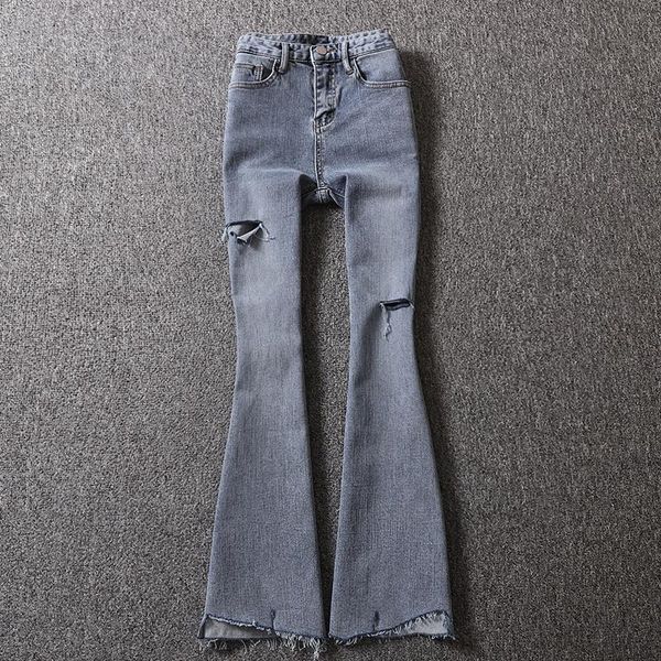 

women's jeans high waist flare 2021 summer solid hole fashion all match night club female quality, Blue